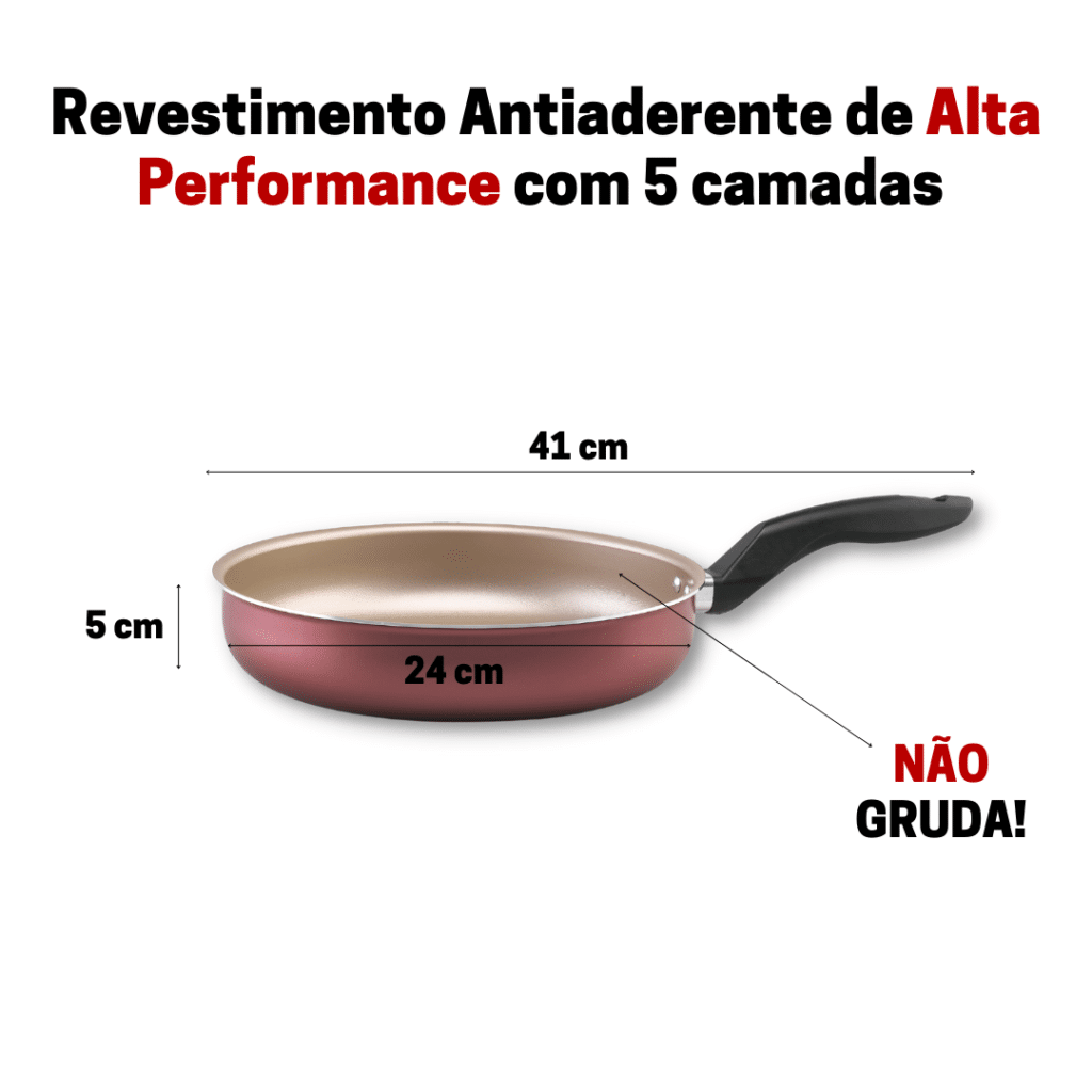 Frigideira Antiaderente 24cm Cereja com Dourado Com tampa de Vidro Grande Não Gruda - Image 2